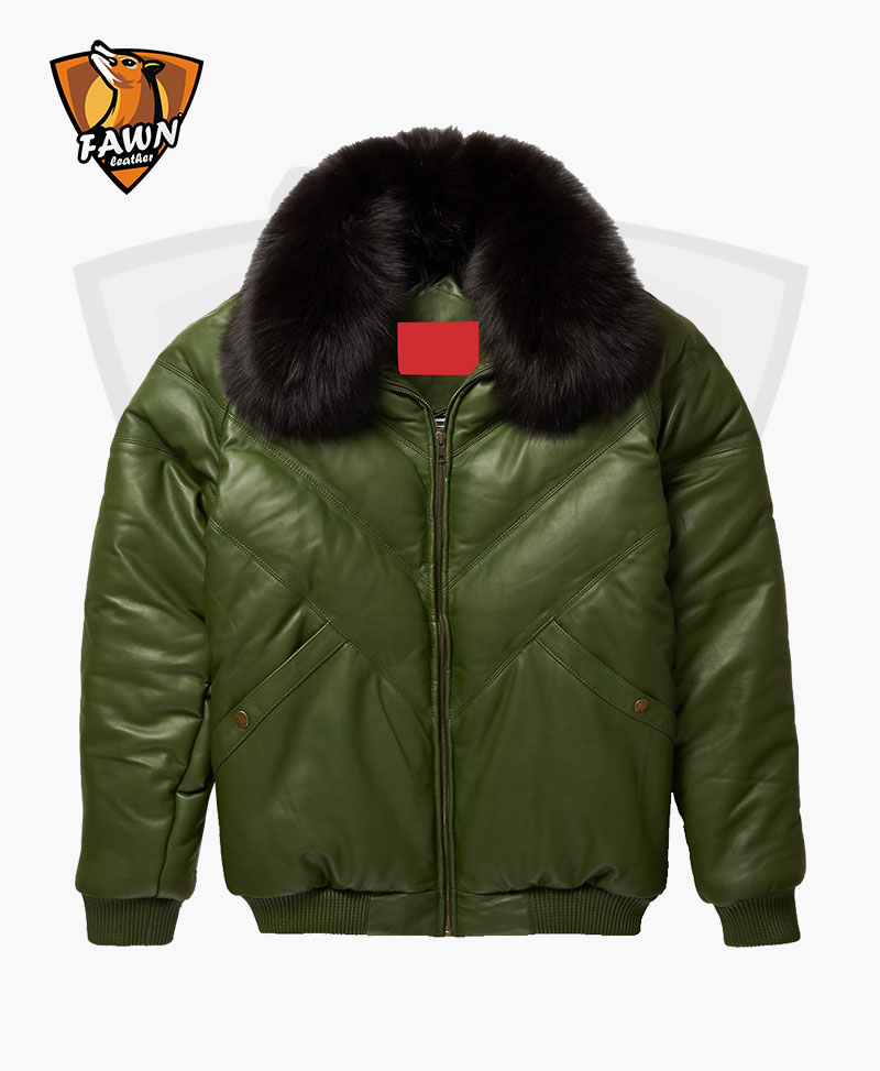 Classic Style Winter Mens Olive V Bomber Leather Jacket