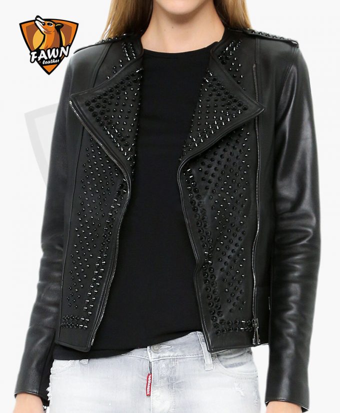 Long Spiked Punk Style Womens Studded Leather Jacket