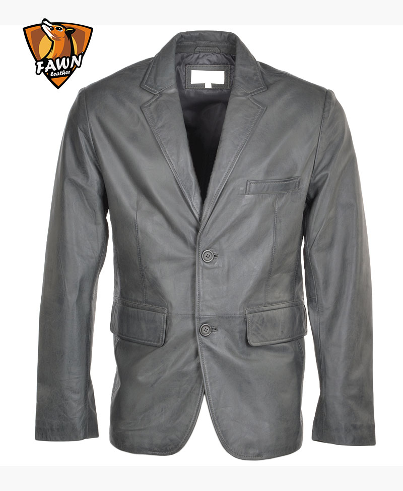 Men’s Grey Color Leather Blazer High Quality | Fawn Leathers