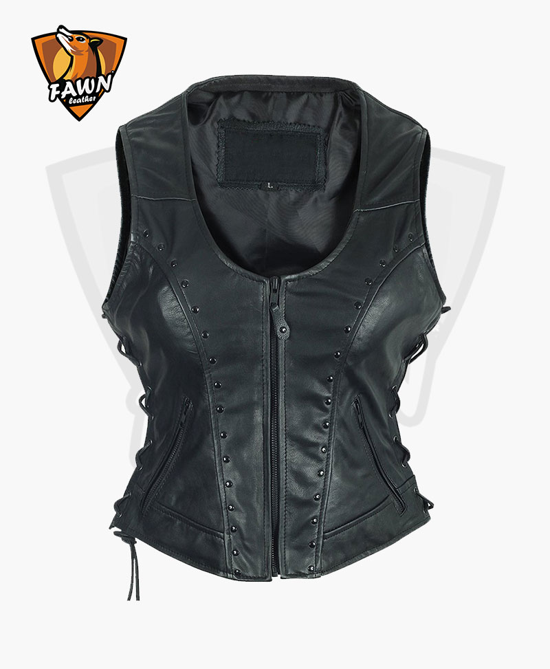 Women’s Studded Black Fashion Leather Vest | Fawn Leathers