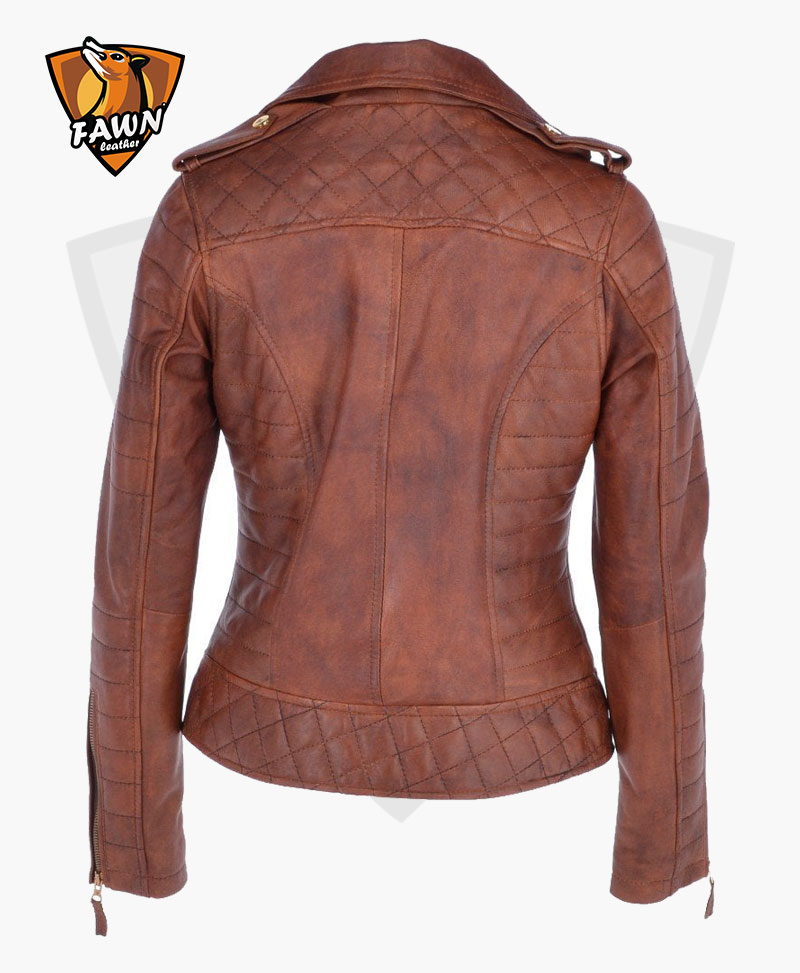 Womens Tan Leather Motorcycle Jacket Fawn Leathers 