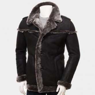Men’s Black Shearling Leather Fashion Long Coat