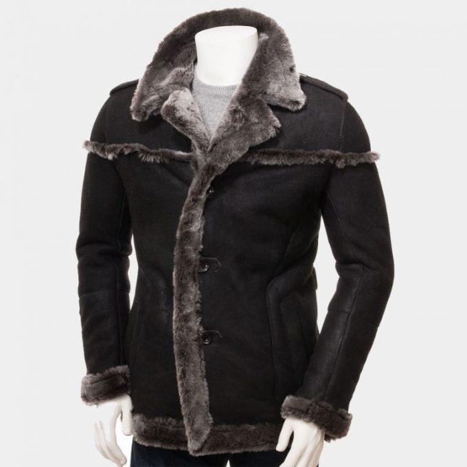 Men’s Black Shearling Leather Fashion Long Coat Men’s Black Shearling Leather Fashion Long Coat