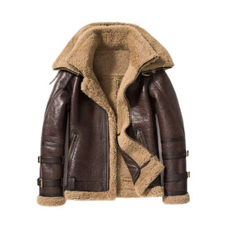 Short Sheepskin Double Collar Fur Men’s Leather Jacket